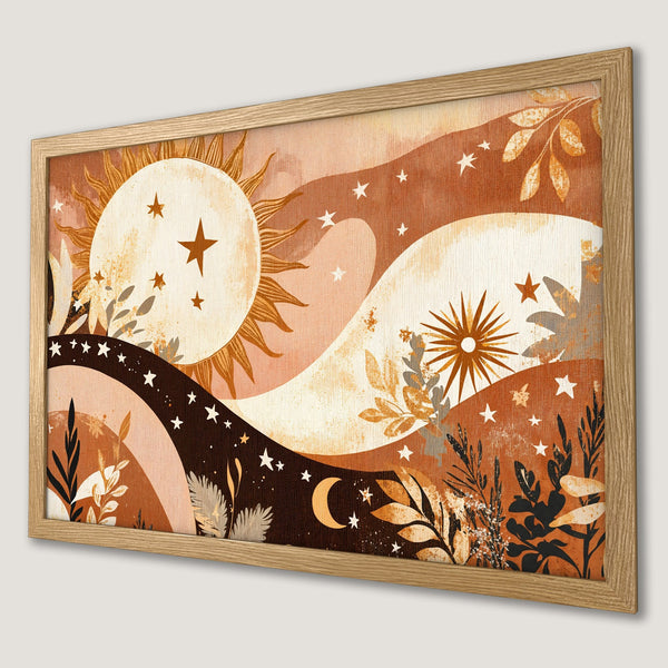 Framed Poster featuring a celestial boho design with sun, stars, and warm earth tones. Perfect wall art for a cozy space!