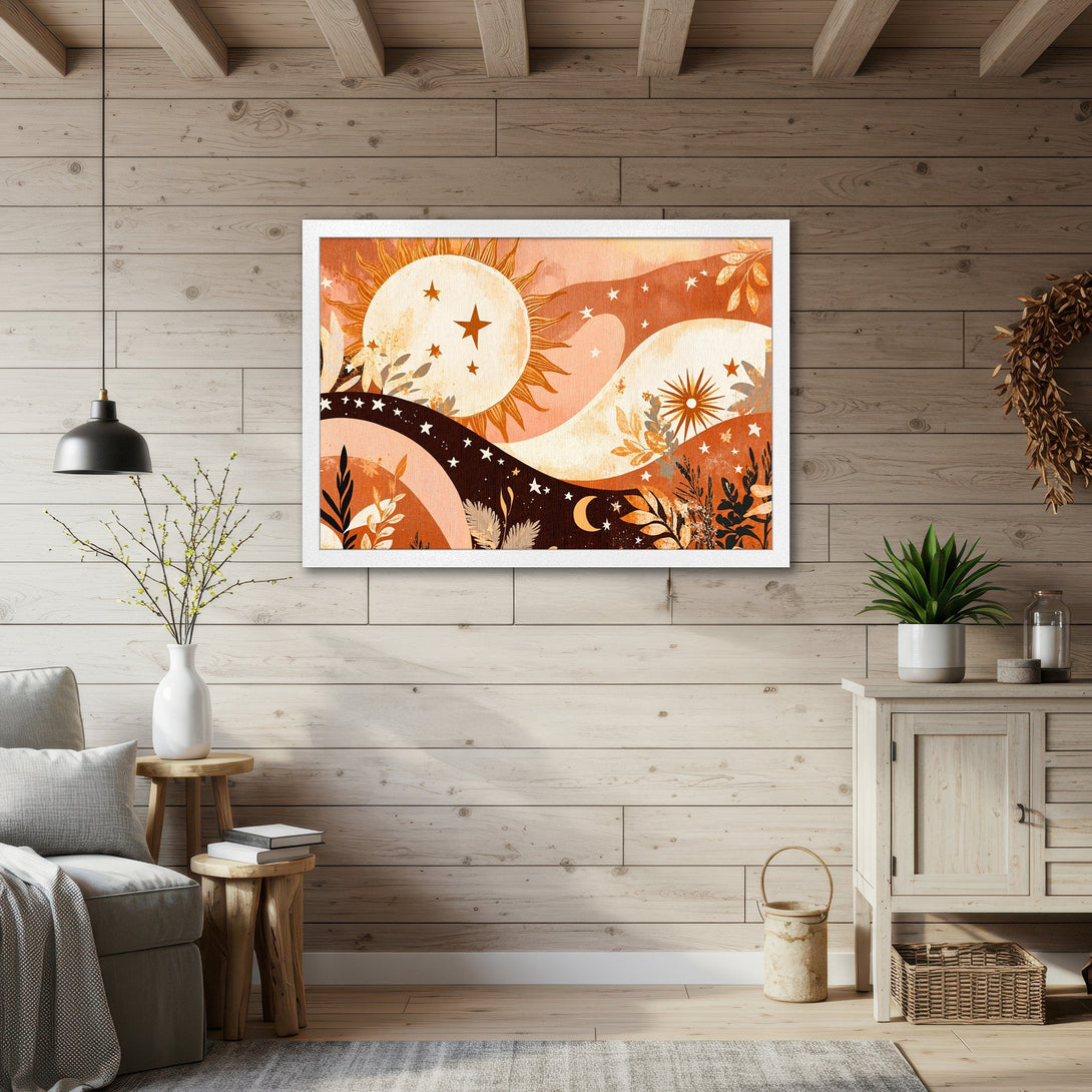 Framed Poster featuring a celestial landscape art print in warm orange and beige tones. Perfect wall decor for a cozy home.