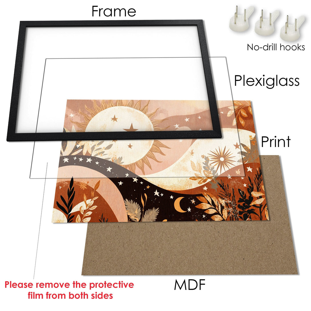 Framed Poster featuring a celestial design in warm earth tones. Perfect wall art for a cozy, bohemian aesthetic.
