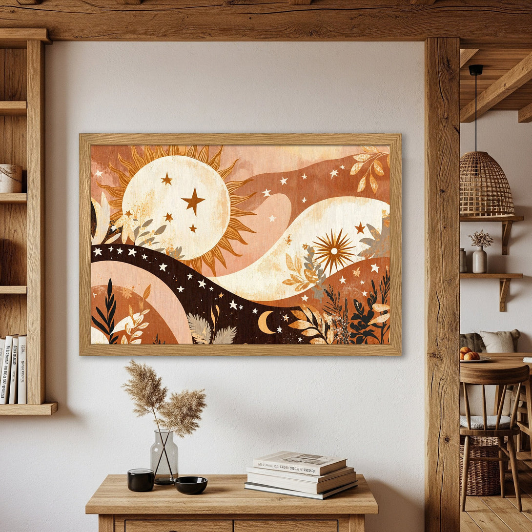 Framed Poster featuring a celestial boho design in warm earth tones. Perfect wall art for a cozy, stylish home. Shop now!