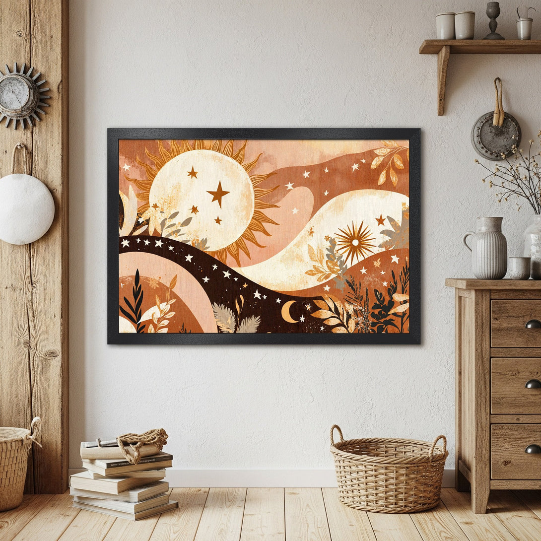 Framed Poster featuring a celestial design with sun, stars, and moon. Earthy tones of brown, beige, and orange. Perfect wall art!