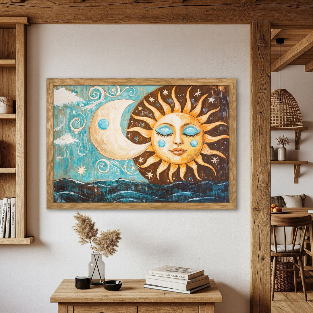 Framed Poster featuring a whimsical sun and moon design. Rustic style, warm earthy tones with pops of turquoise. Perfect wall art!