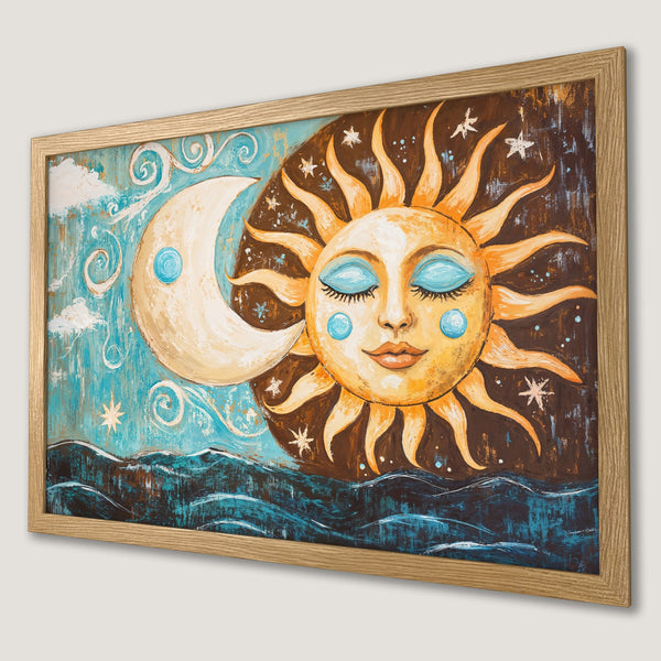 Framed Poster featuring a whimsical sun and moon painting in warm, earthy tones with a pop of turquoise. Perfect wall art!