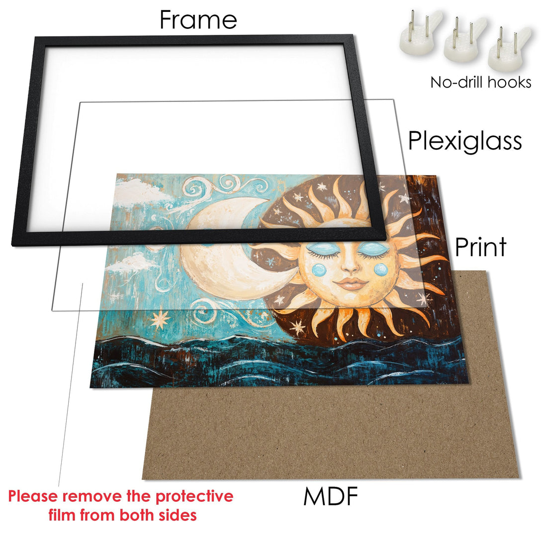 Framed Poster featuring a celestial sun and moon art print in a vibrant teal, brown, and gold color palette. Perfect wall decor!