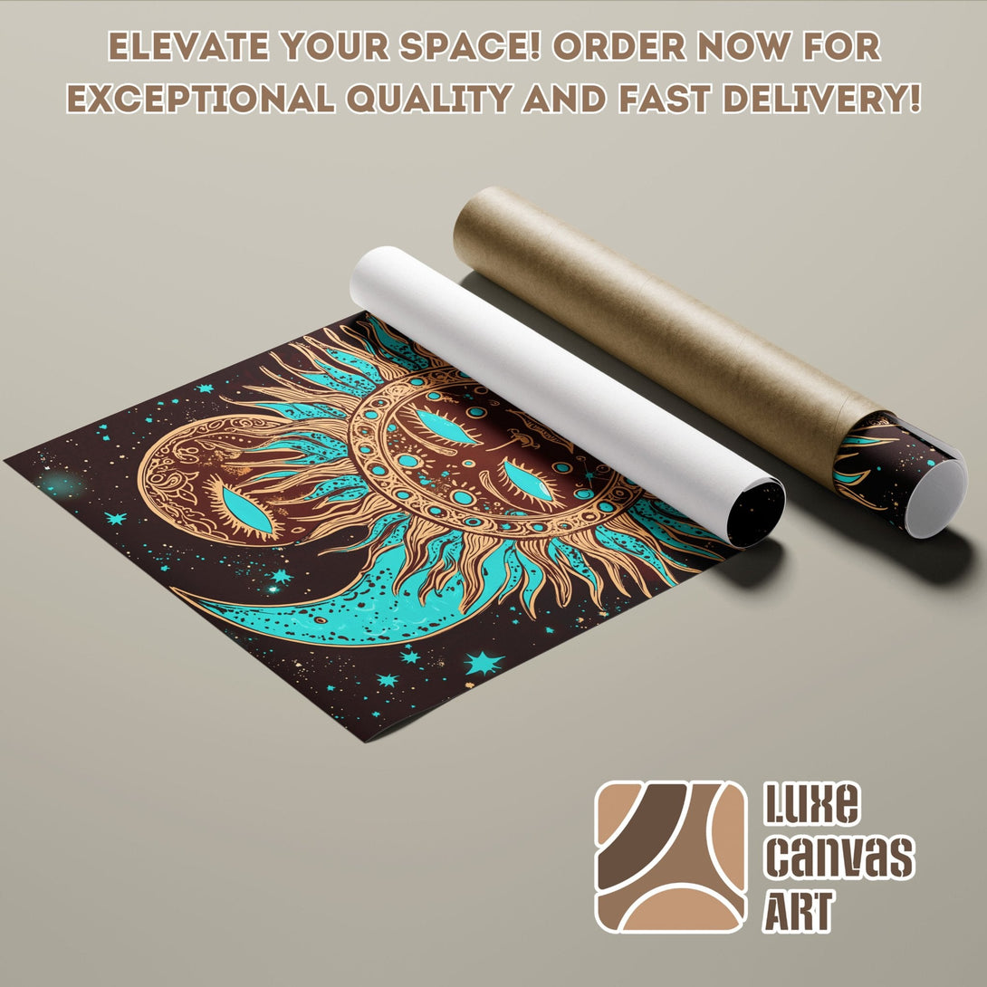 Poster Roll featuring a sun and moon design, in a boho style with a brown and teal color palette. Elevate your space!