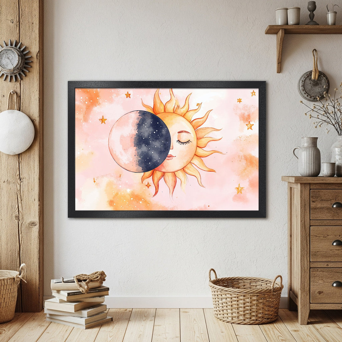 Framed Poster featuring a watercolor sun and moon design in a warm, peachy color palette. Perfect wall art!