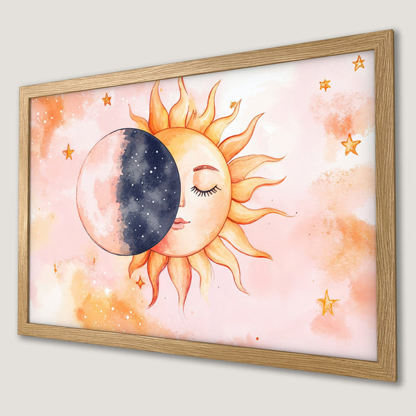 Framed Poster featuring a watercolor sun and moon design in a warm, pastel color palette. Perfect for celestial decor!