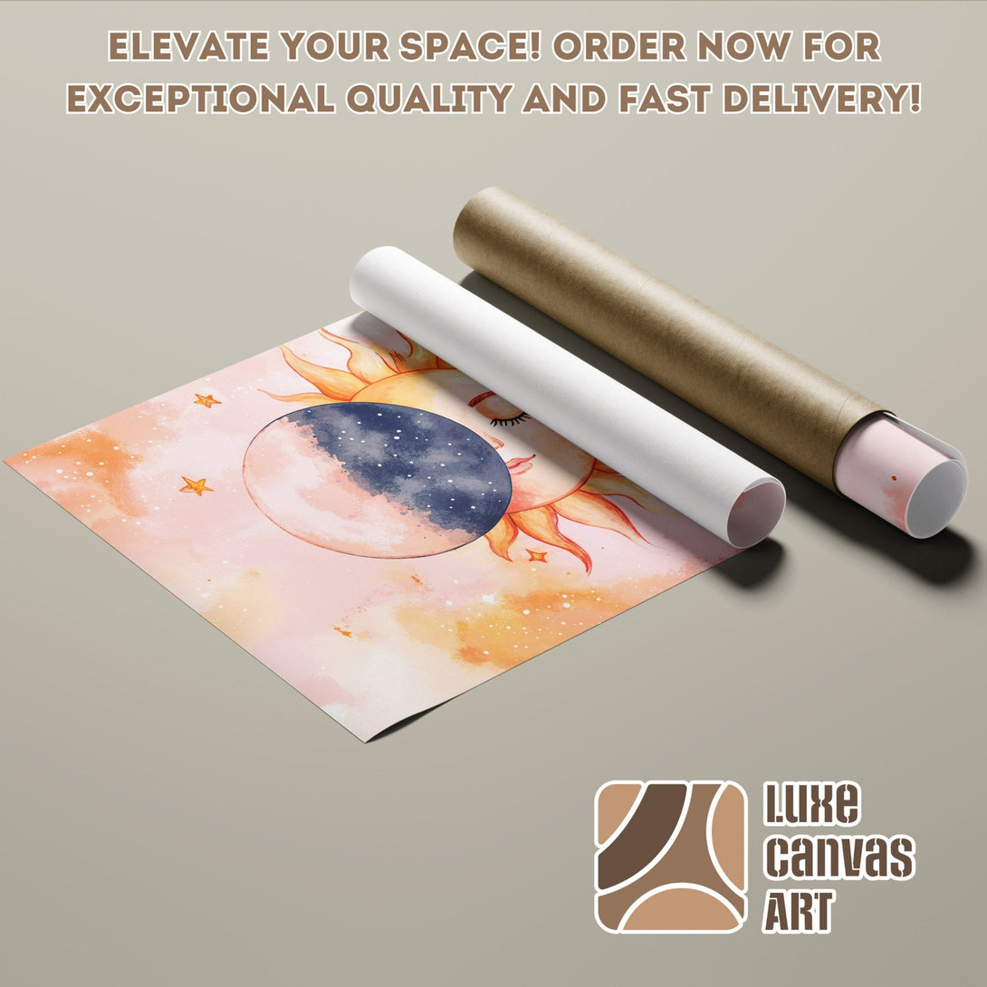 Watercolor sun and moon poster roll, pastel pink and orange palette, perfect for wall decor.