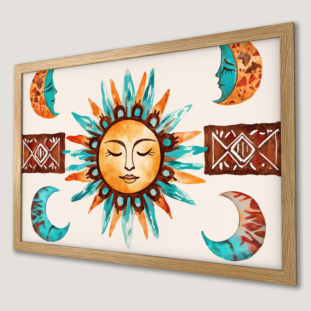 Framed Poster featuring watercolor sun and moon art in vibrant orange, turquoise, and brown hues. Perfect for boho decor!