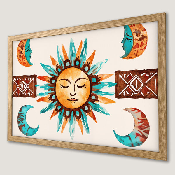 Framed Poster featuring watercolor sun and moon art in vibrant orange, turquoise, and brown hues. Perfect for boho decor!