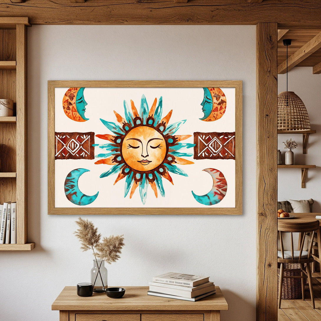 Framed Poster featuring a watercolor sun and moon design. Bohemian style with orange, teal, and brown color palette. Perfect wall art!