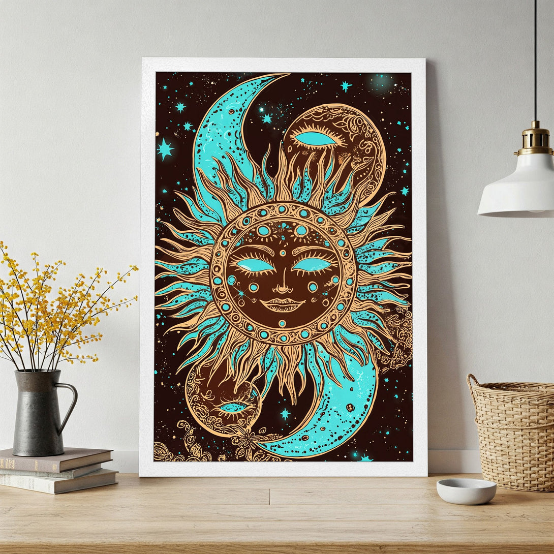 Framed Poster featuring a celestial sun and moon design in a boho style with teal, brown, and gold color palette. Perfect wall art!