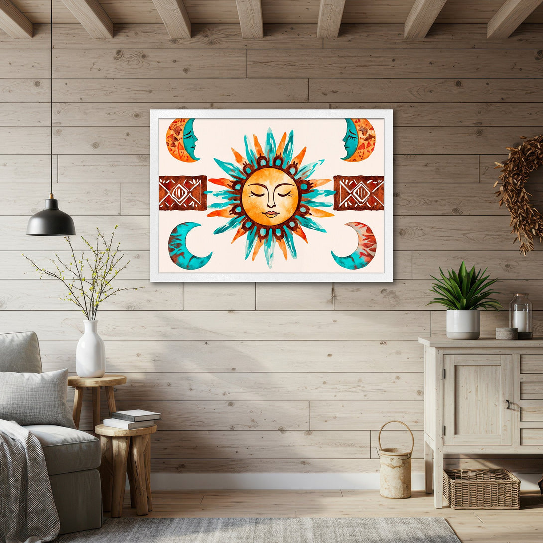 Framed Poster featuring a watercolor sun and moon design in a boho style with a warm, earthy color palette. Perfect wall art!