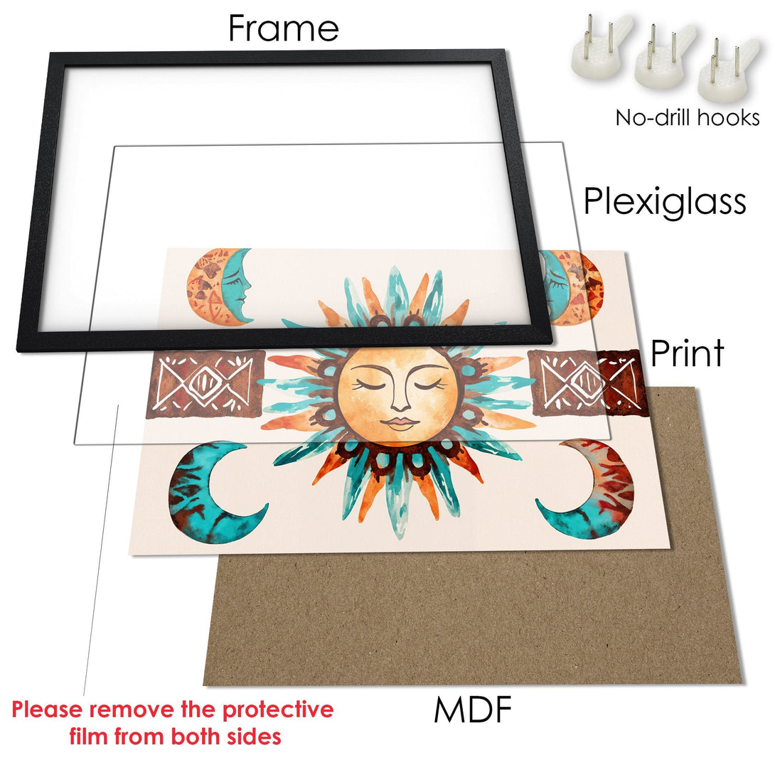 Framed Poster featuring a watercolor sun and moon design. Bohemian style art with a warm, earthy color palette. Perfect wall decor!