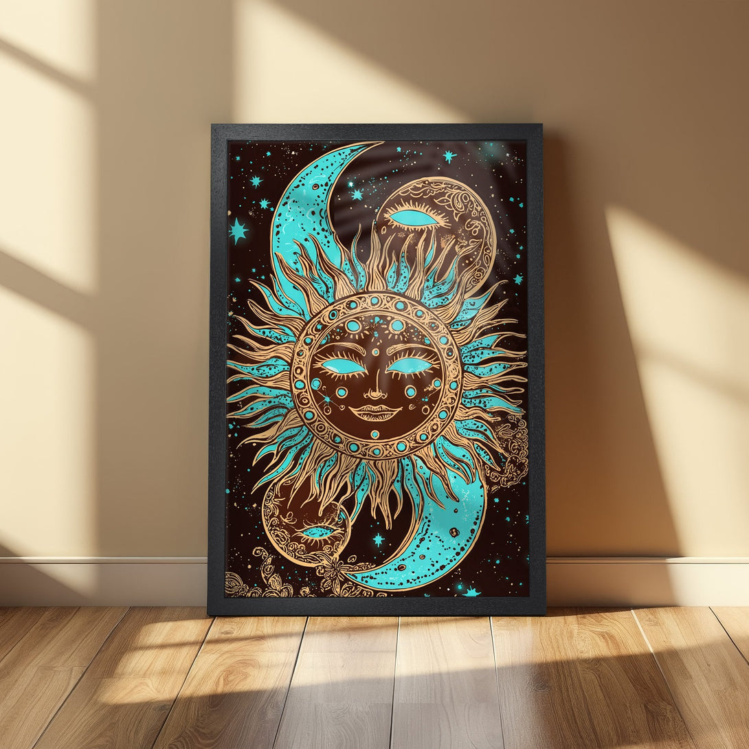 Framed Poster featuring a celestial sun and moon design in turquoise and gold on a dark background. Perfect wall art!