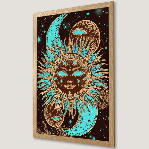 Framed Poster featuring a celestial sun and moon design in a bohemian style with a brown and turquoise color palette. Perfect wall art!