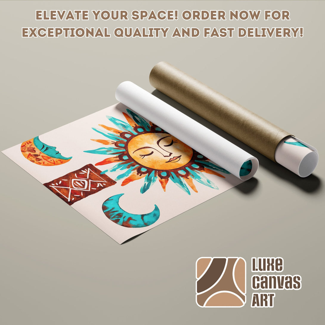 Boho sun and moon art Poster Roll. Watercolor style, warm earthy tones. Elevate your space with Luxe Canvas Art!