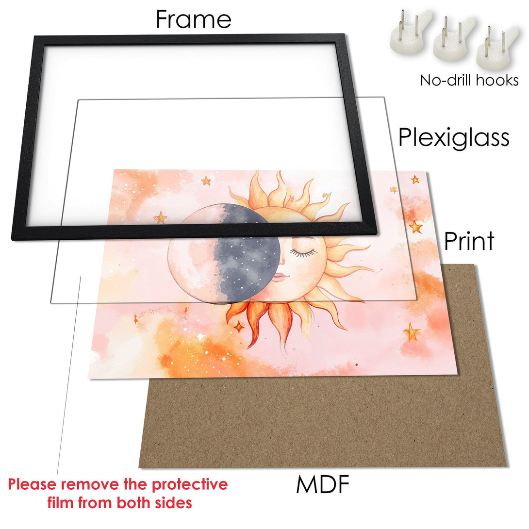 Framed Poster featuring a watercolor sun and moon with a soft pink and orange palette. Perfect wall art!