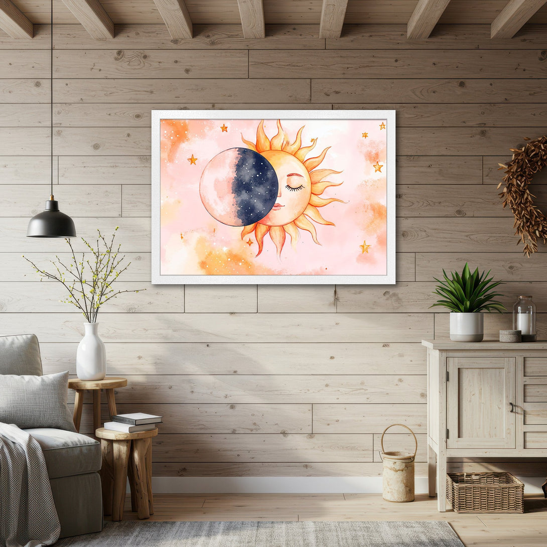Framed Poster of sun and moon watercolor art. Pastel pink and orange color palette, boho style, perfect wall decor.