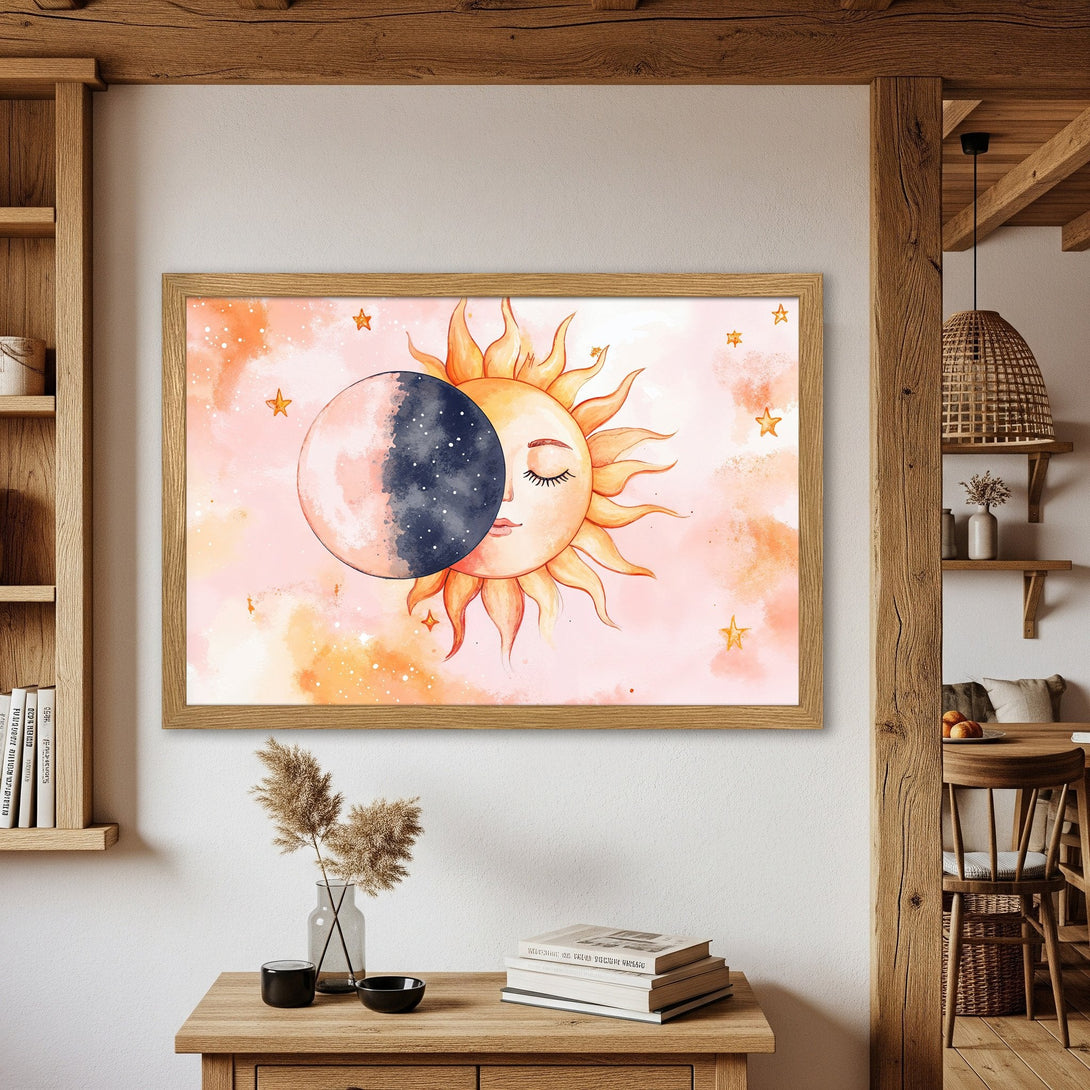 Framed Poster featuring a watercolor sun and moon design in a warm, pastel color palette. Perfect wall art!