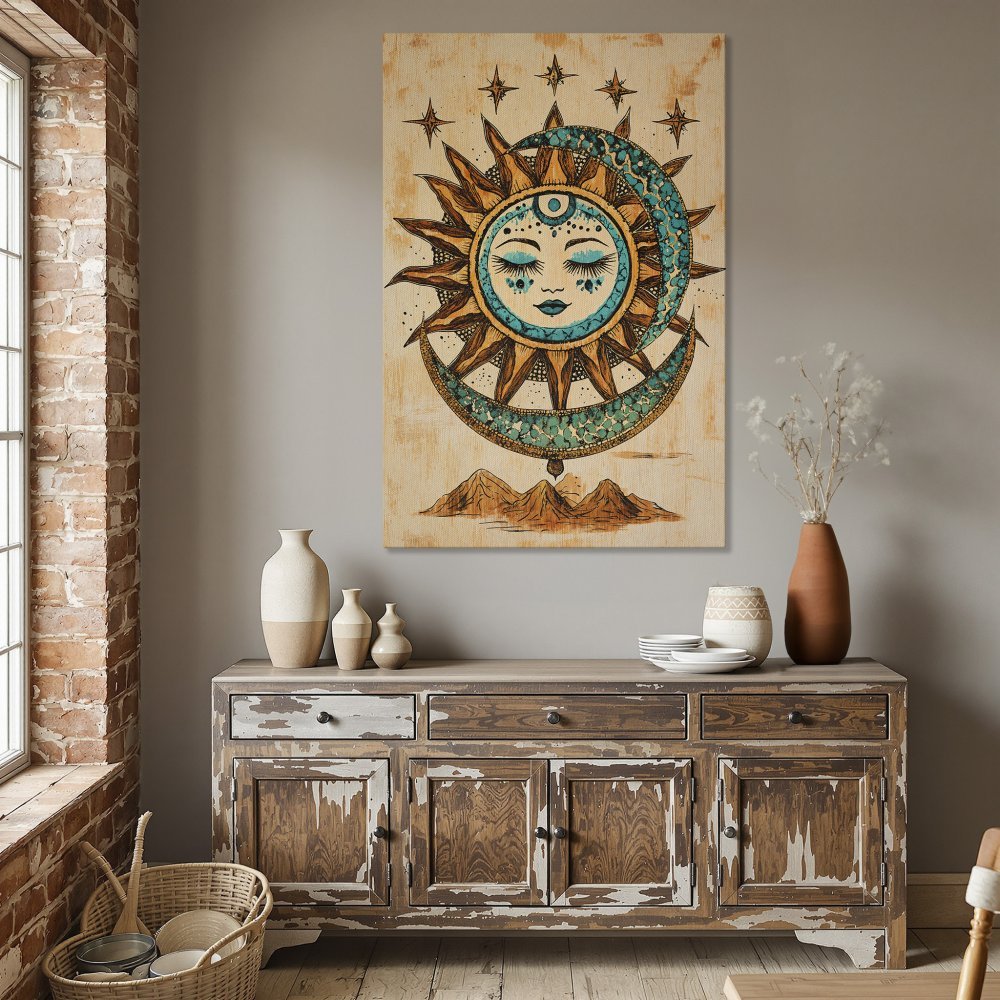 Framed Wall Art featuring a bohemian sun and moon design in earthy tones. Perfect for adding a touch of mystic style to your home decor.