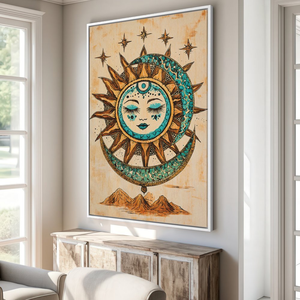 Framed Wall Art: Boho sun and moon canvas print with teal and gold accents. Perfect for adding a touch of celestial style to your home decor.