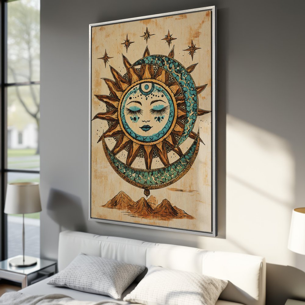 Framed Wall Art featuring a celestial sun and moon design. Bohemian style, warm brown and teal color palette. Perfect for bedroom decor!