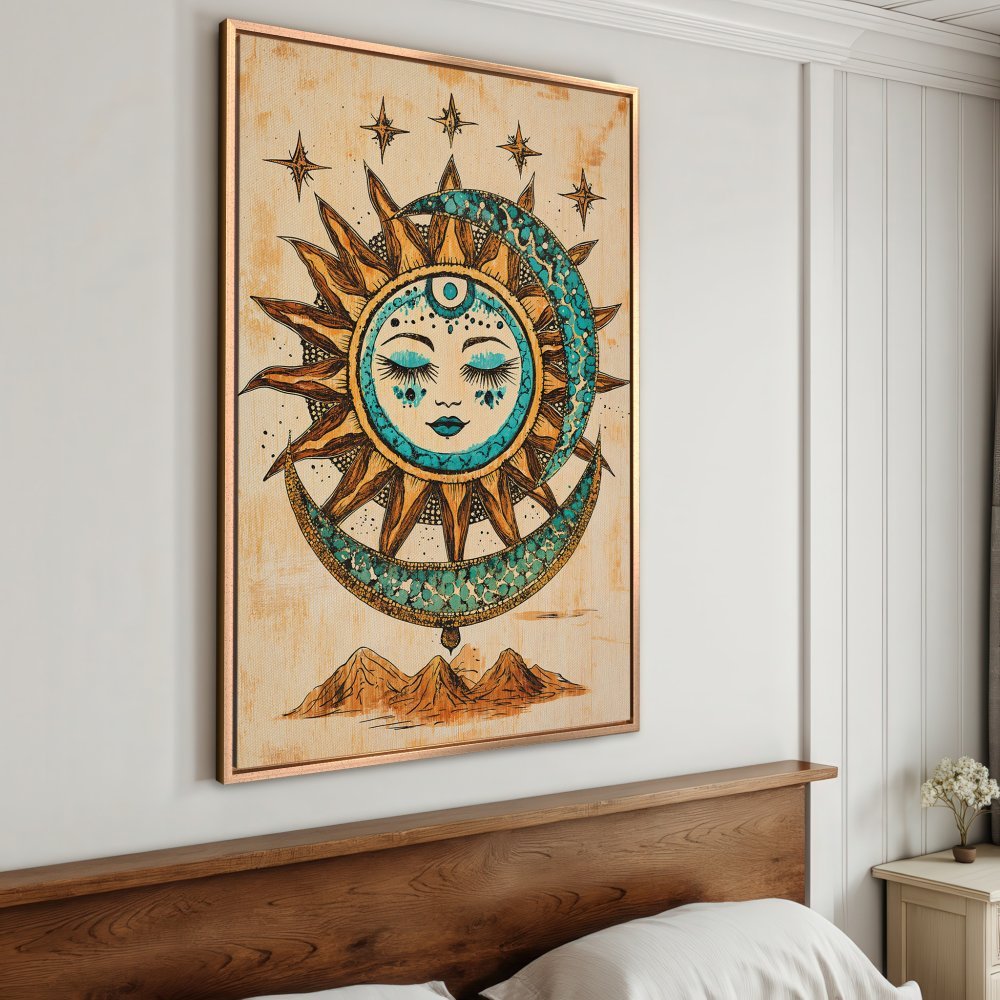 Framed Wall Art: Bohemian sun and moon Canvas Print in turquoise and gold. Perfect for adding a touch of celestial style to your home decor.