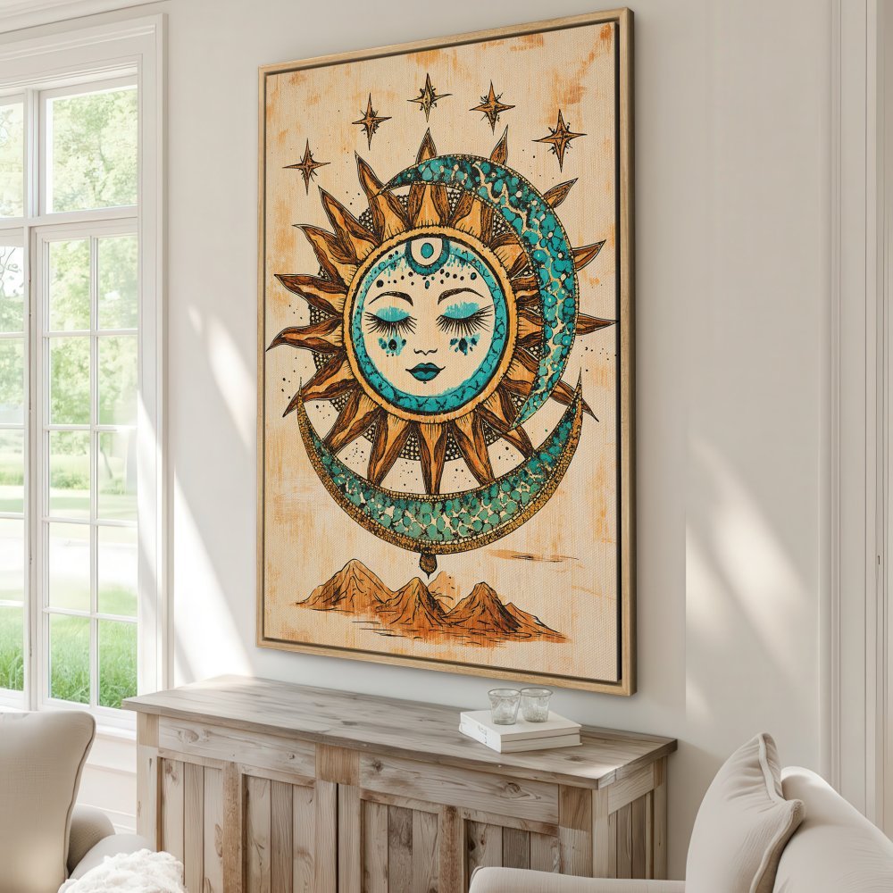 Bohemian Canvas Print of sun and moon art in teal and gold. Perfect wall decor for a cozy, eclectic space.