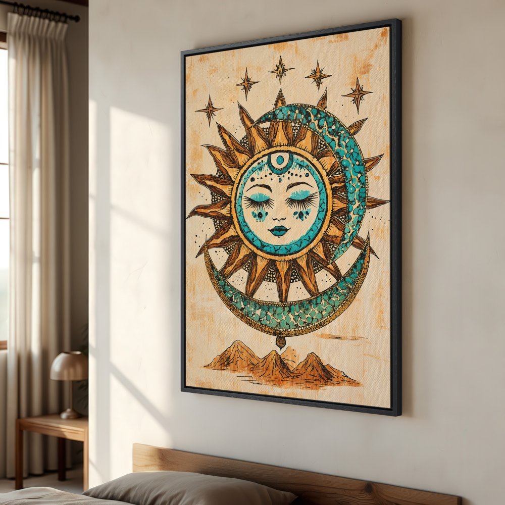 Framed Wall Art: Celestial sun and moon design in turquoise and gold, perfect for bohemian home decor. Add a touch of whimsy with this canvas print!