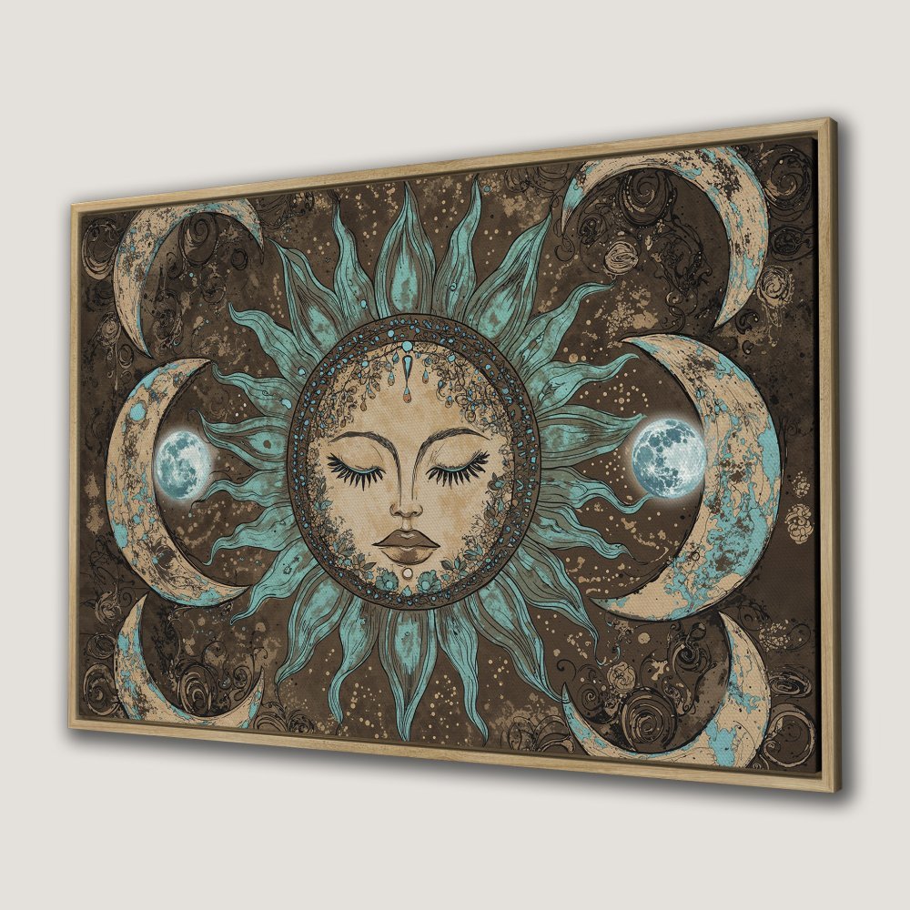 Framed Wall Art: Mystical sun and moon canvas print in teal and brown. Boho style art for a unique home decor statement.