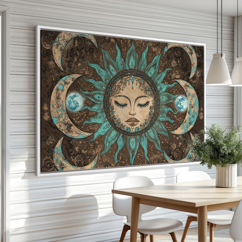Framed Wall Art: Celestial sun and moon design in teal and brown. Boho style canvas print adds a touch of zen to any room.
