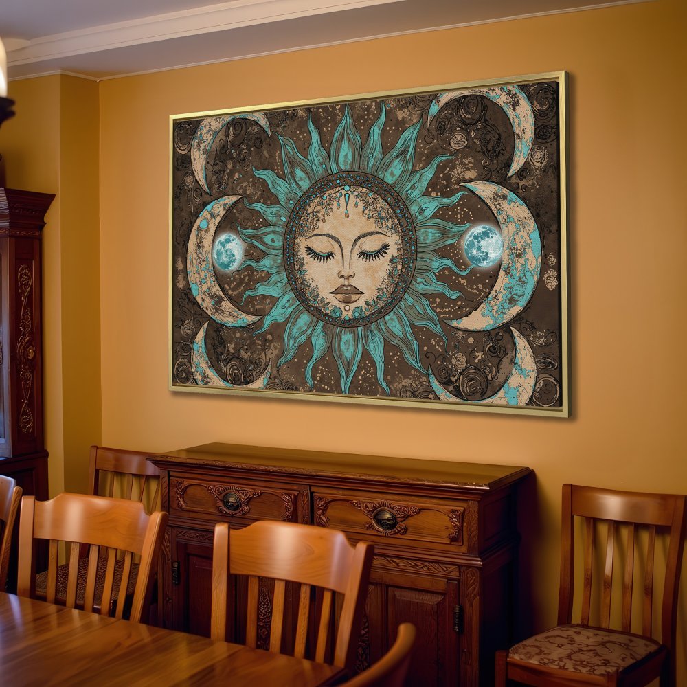 Bohemian Canvas Print featuring a celestial sun and moon design in teal and brown tones. Perfect wall art for a cozy living room!