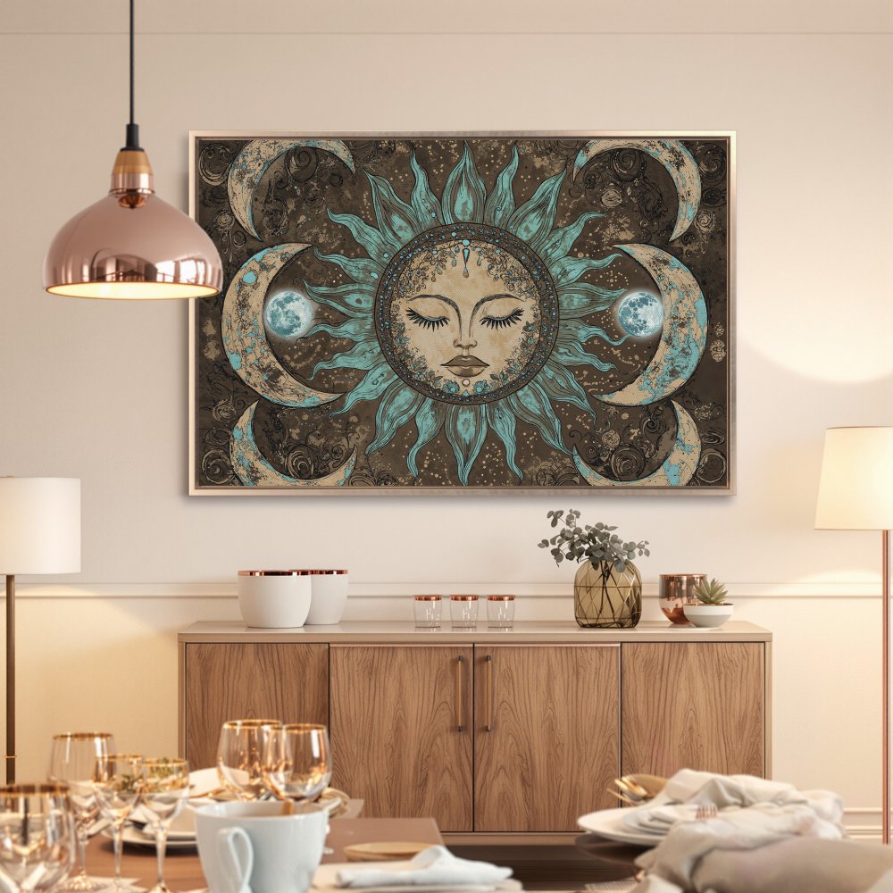 Framed Wall Art: Celestial sun and moon design in teal and brown, perfect for bohemian decor. Add a touch of mystique to your space!