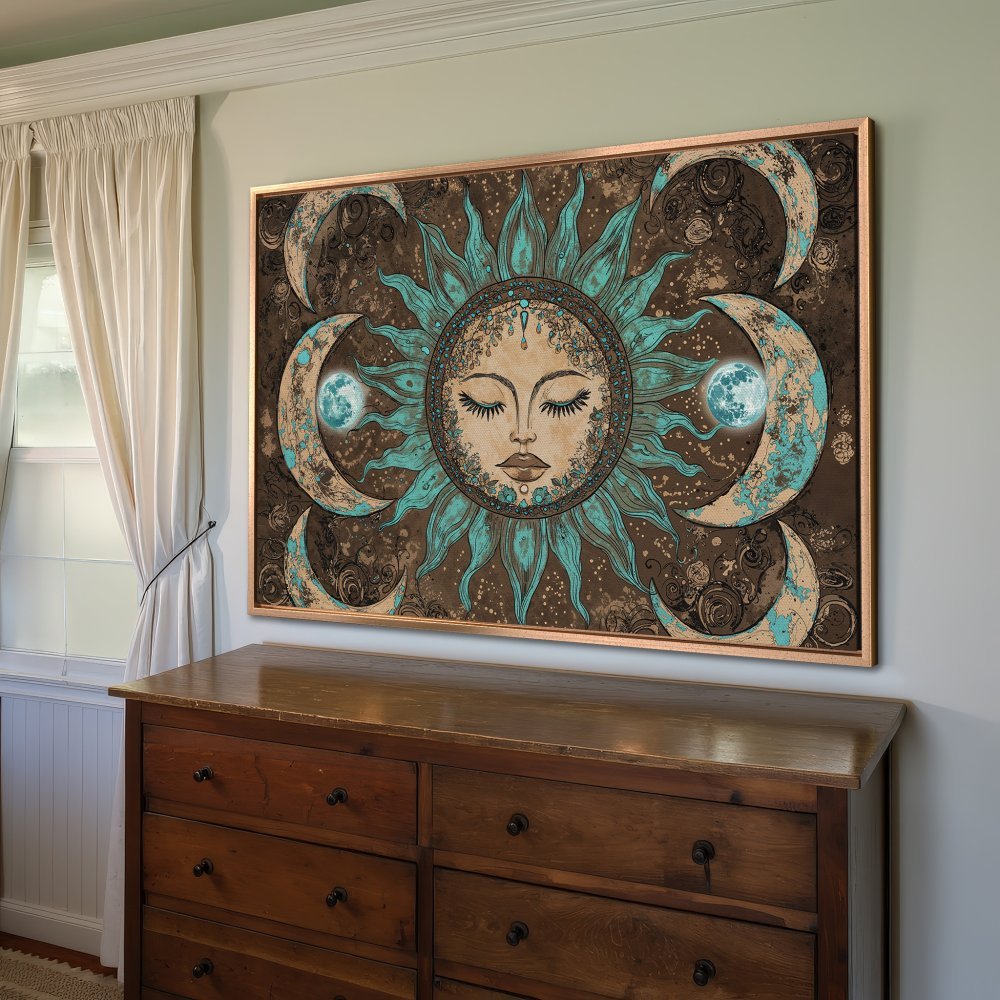 Framed Wall Art featuring a celestial sun and moon design in teal and brown tones. Boho style Canvas Print for home decor.