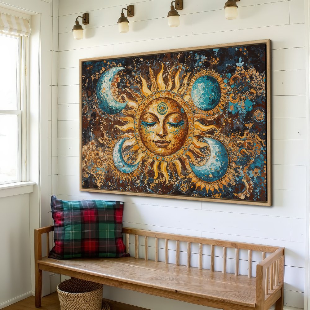 Framed Wall Art: Celestial sun and moon canvas print in warm earth tones and vibrant blues. Boho style wall decor for your home.