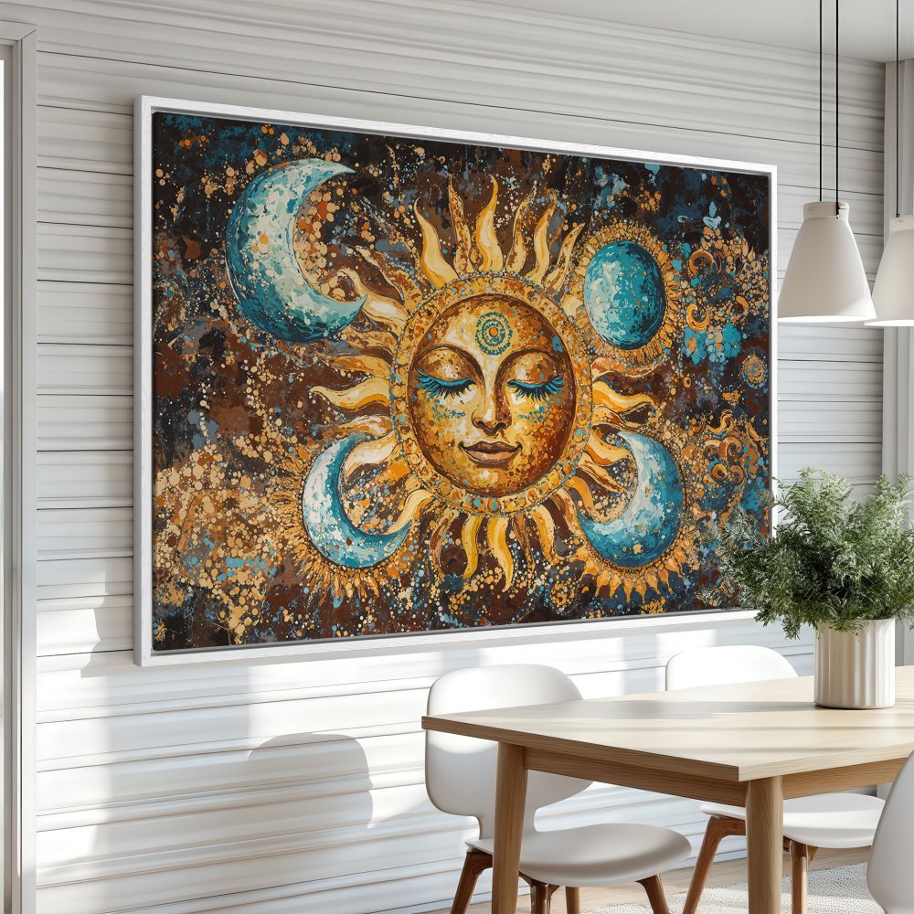 Framed Wall Art: Bohemian sun and moon canvas print with warm gold, blue, and brown tones. Perfect for adding a mystical touch to your home decor.