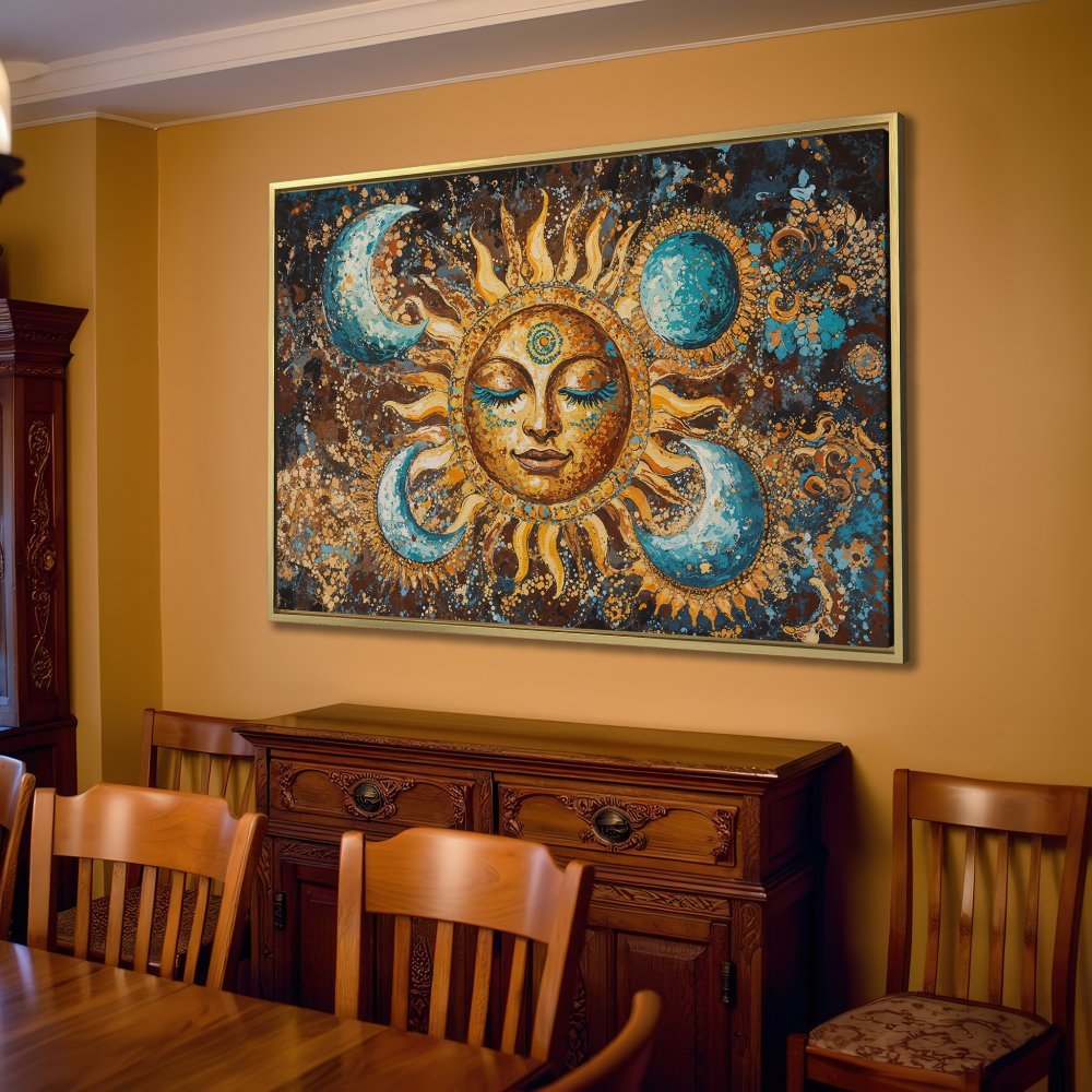 Canvas Print: Celestial sun and moon art in warm gold and blue tones. Perfect for boho home decor!