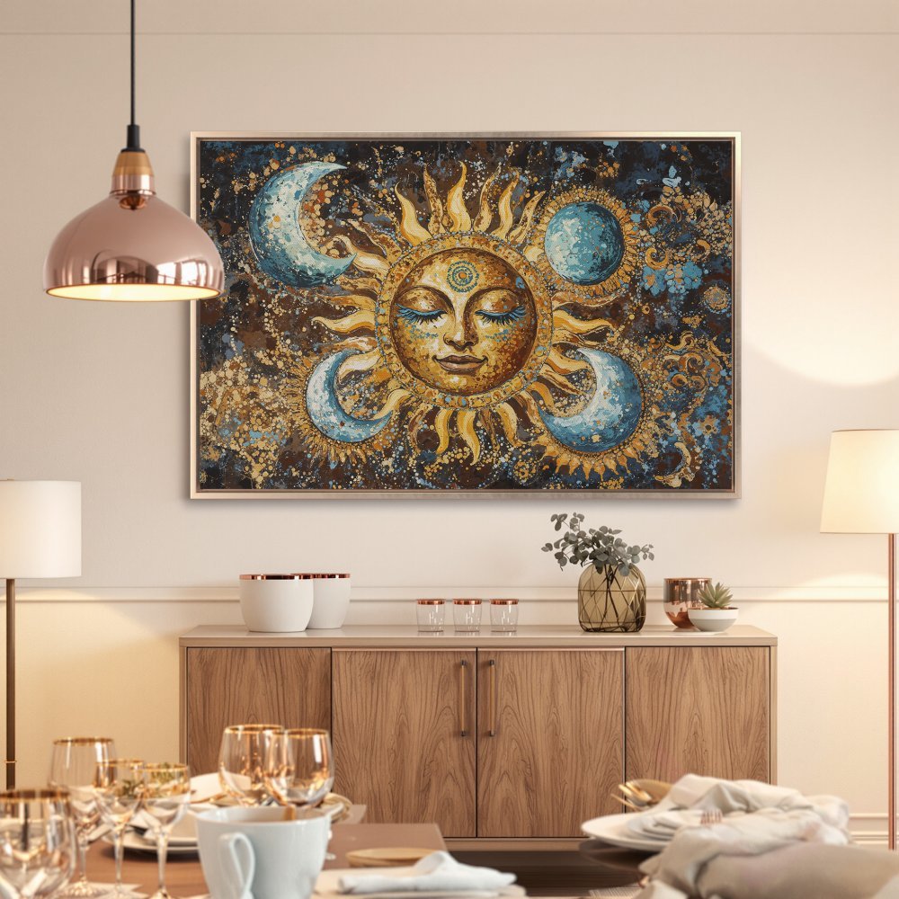 Framed Wall Art: Celestial sun and moon painting in warm gold, blue, and brown tones. Boho style canvas print adds a touch of magic to any space.