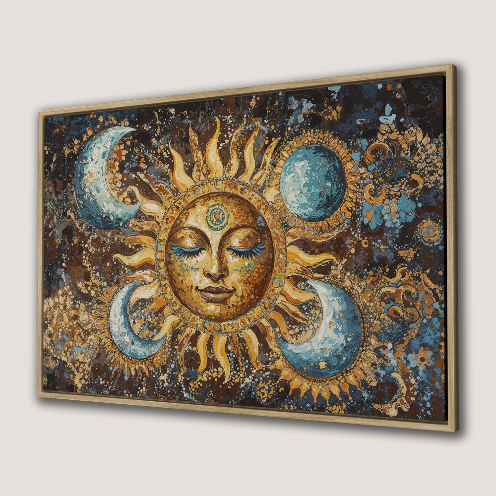 Framed Wall Art: Celestial sun and moon painting in warm gold, brown, and blue tones. Bohemian style canvas print for a unique home decor statement.