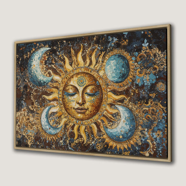 Framed Wall Art: Celestial sun and moon painting in warm gold, brown, and blue tones. Bohemian style canvas print for a unique home decor statement.