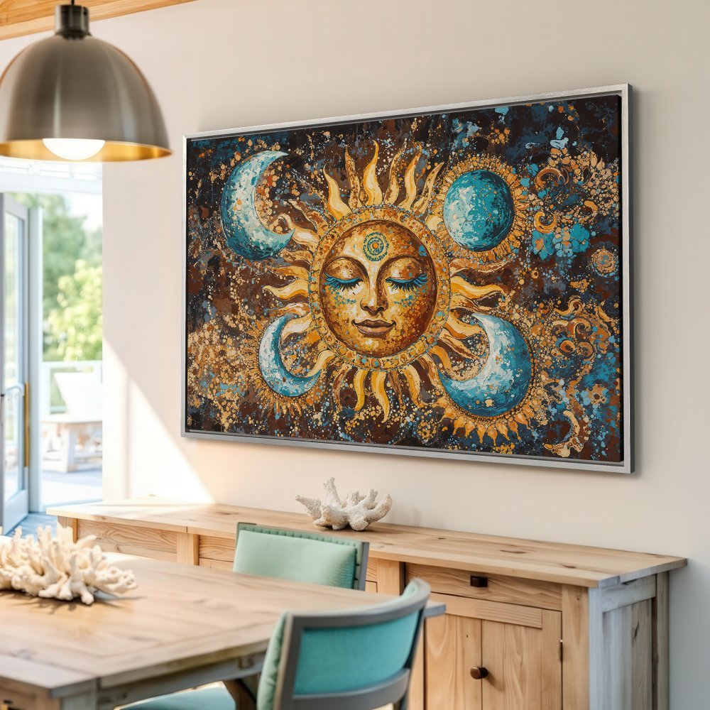 Framed Wall Art: Celestial sun and moon Canvas Print in warm gold, teal, and brown tones. Boho style art for living room decor.