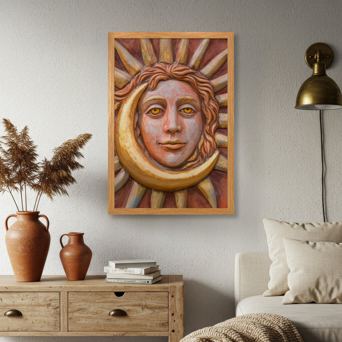 Framed Poster featuring a sun and moon face, warm color palette, and a unique, artistic style. Perfect wall art!