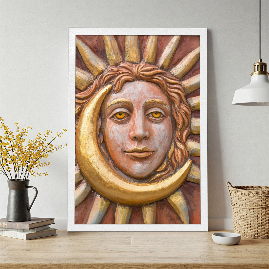 Framed Poster featuring a sun and moon face in warm earth tones. Artistic style, perfect wall art for any room.