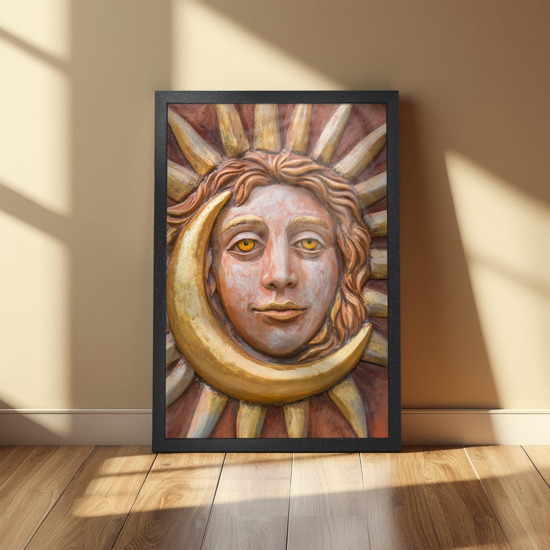 Framed Poster featuring a sun and moon face in warm tones. Unique art style with a rustic color palette. Perfect wall decor.