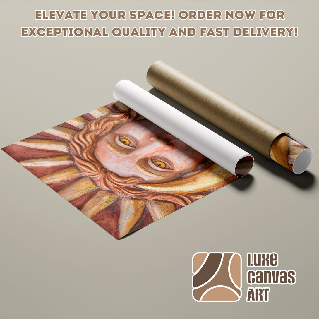 Poster Roll featuring a classical sun face art print, warm color palette. Elevate your space with Luxe Canvas Art!