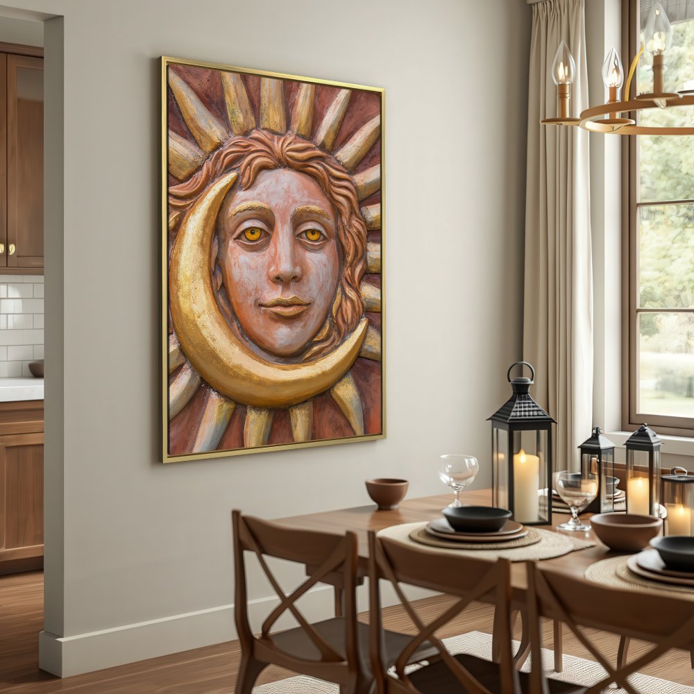 Canvas Print of sun and moon face art, warm earthy tones, adds bohemian flair to any space.