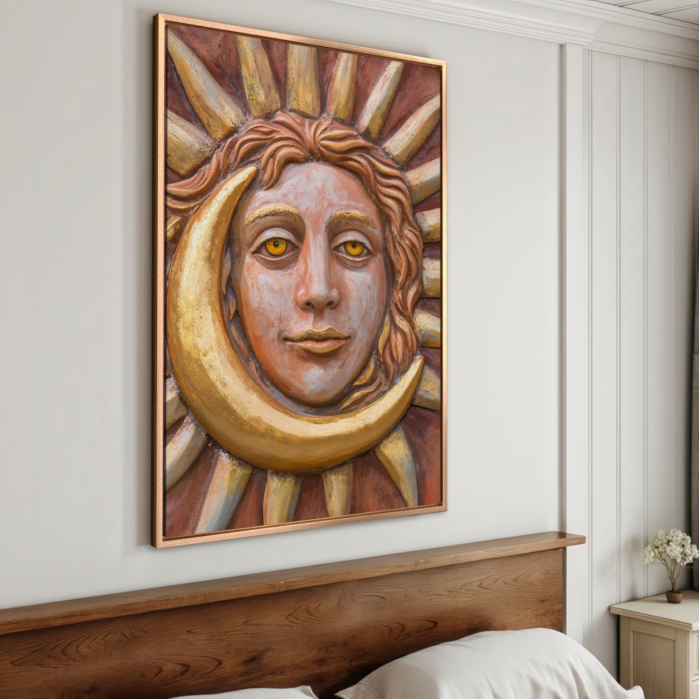 Framed Wall Art: Sun and Moon face in warm earth tones. Add celestial charm to your space with this unique canvas print!