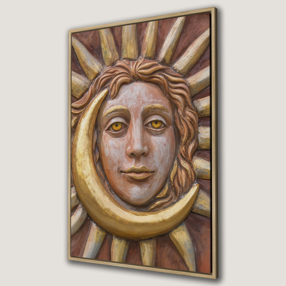 Framed Wall Art: Celestial sun and moon face in warm gold and brown tones. Add mystical style to your home with this unique canvas print.