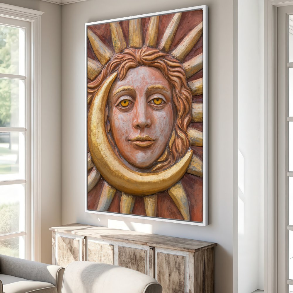 Framed Wall Art: Sun and Moon face in warm earth tones. Rustic, artistic Canvas Print for a unique home decor statement.